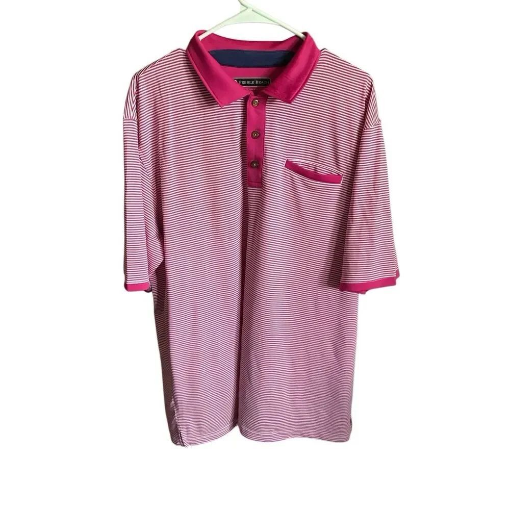 Pebble Beach Performance Pink white striped Golf Polo shirt Size XL  pocket